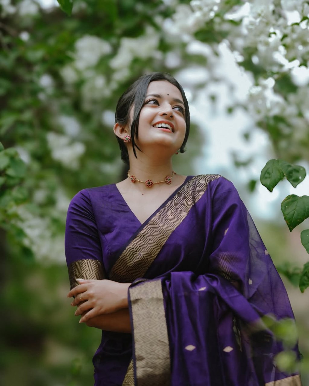 Revathi - Purple Banarasi Silk Saree with Golden Butti Weave and Zari Border