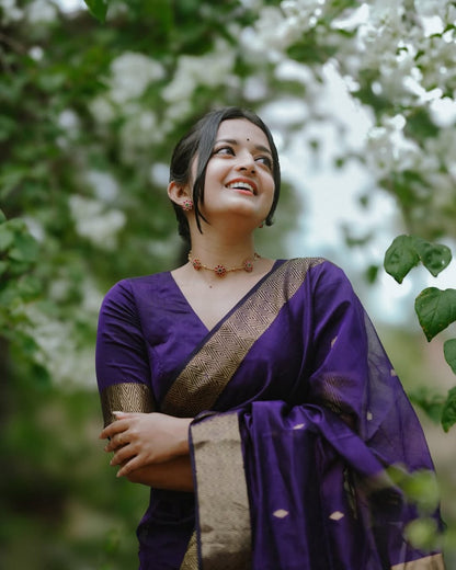 Revathi - Purple Banarasi Silk Saree with Golden Butti Weave and Zari Border