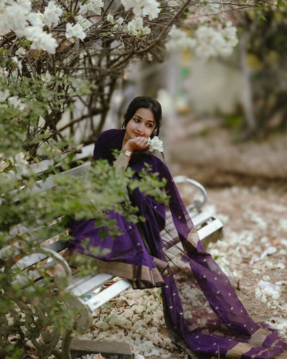 Revathi - Purple Banarasi Silk Saree with Golden Butti Weave and Zari Border