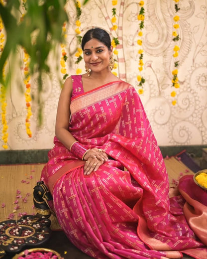 Rangvalli - Pink Silk Saree with Geometric Gold Zari Weave