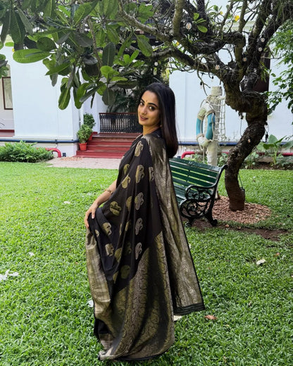 Kalyani - Black Banarasi Silk Saree with Antique Gold Zari Weaving