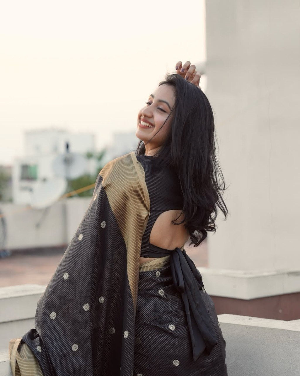 Lalima - Black Cotton Silk Saree with Zari Dot Weave and Gold Border