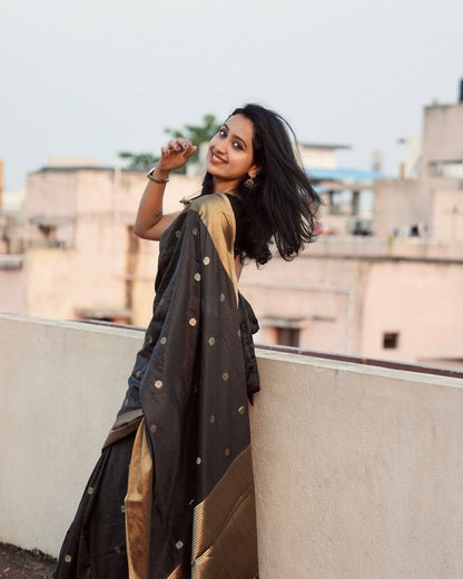 Lalima - Black Cotton Silk Saree with Zari Dot Weave and Gold Border