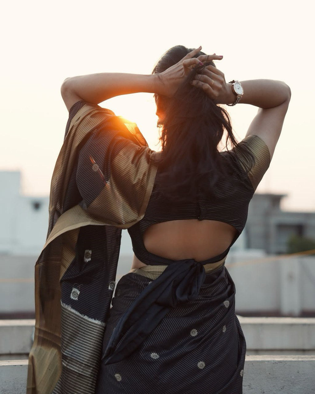 Lalima - Black Cotton Silk Saree with Zari Dot Weave and Gold Border