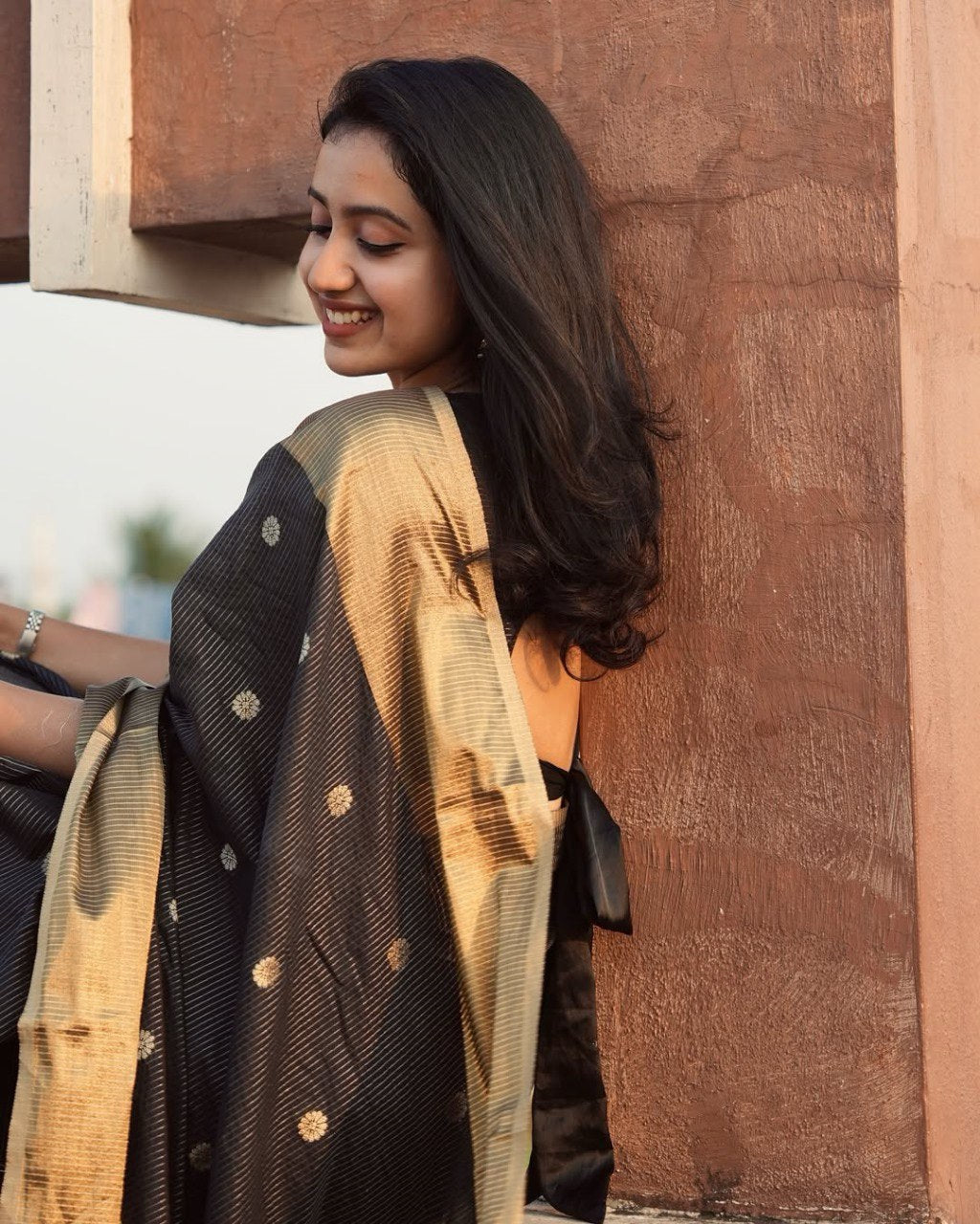 Lalima - Black Cotton Silk Saree with Zari Dot Weave and Gold Border