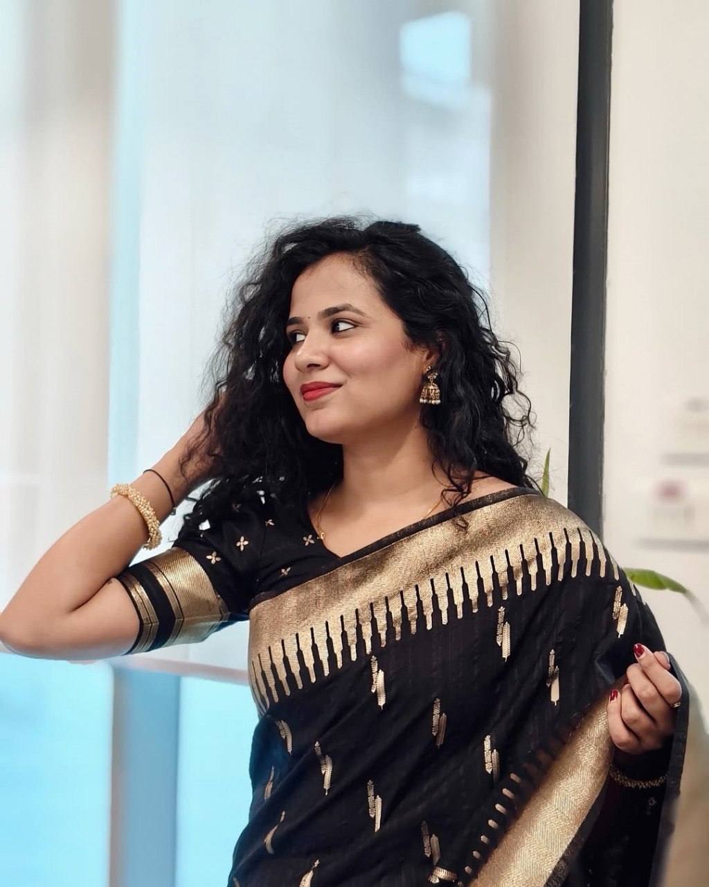 Meenakshi - Black Cotton Silk Saree with Gold Butta Weave and Contrast Border