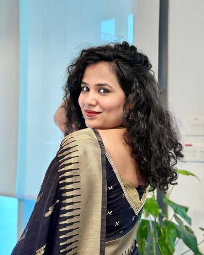 Meenakshi - Black Cotton Silk Saree with Gold Butta Weave and Contrast Border