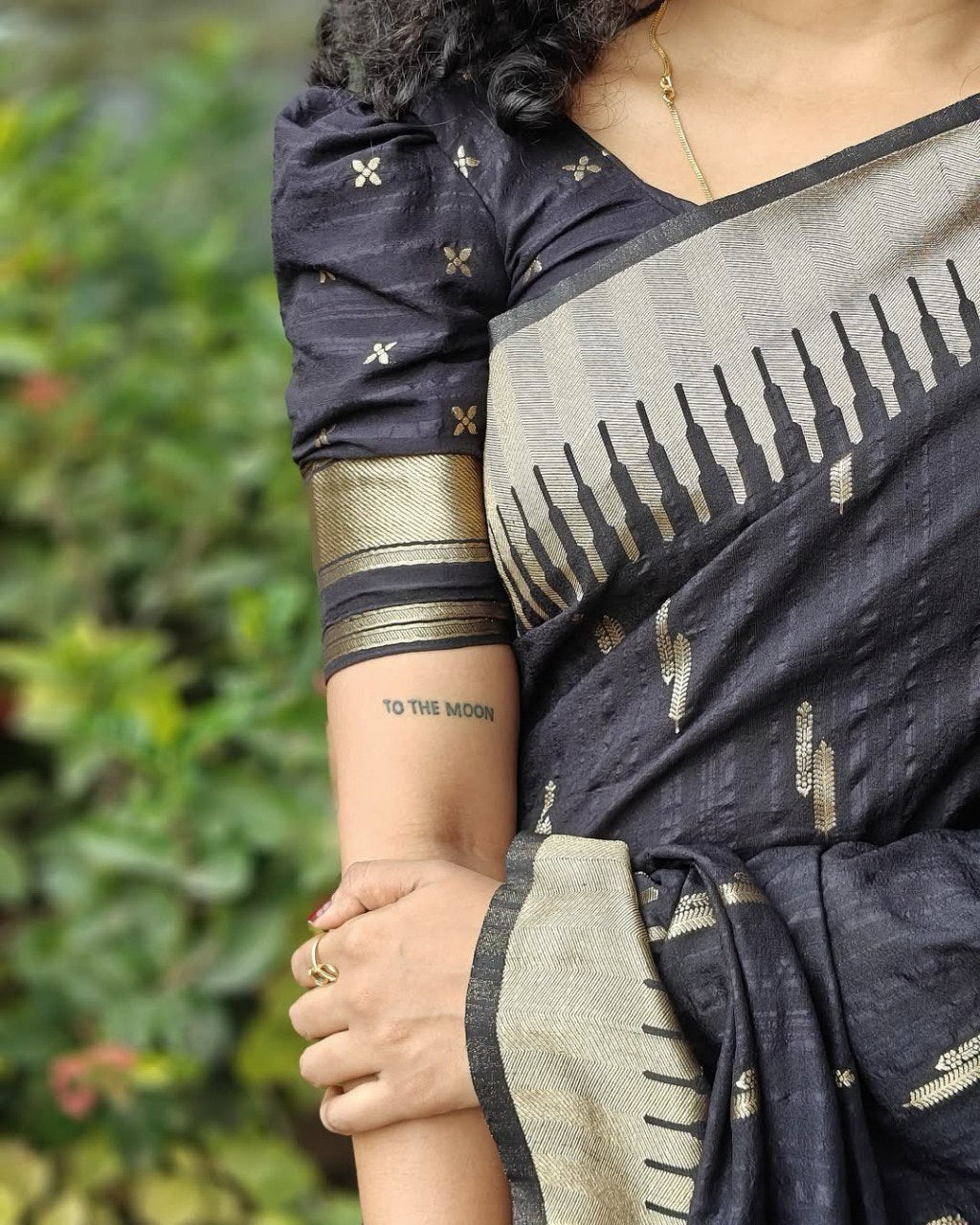Meenakshi - Black Cotton Silk Saree with Gold Butta Weave and Contrast Border