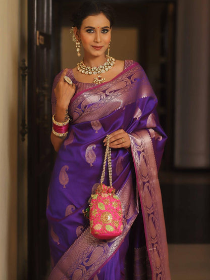 Vimla - Purple Banarasi Silk Saree with Golden Paisley Weaving