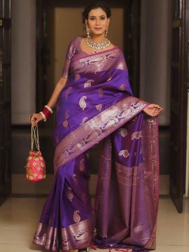 Vimla - Purple Banarasi Silk Saree with Golden Paisley Weaving