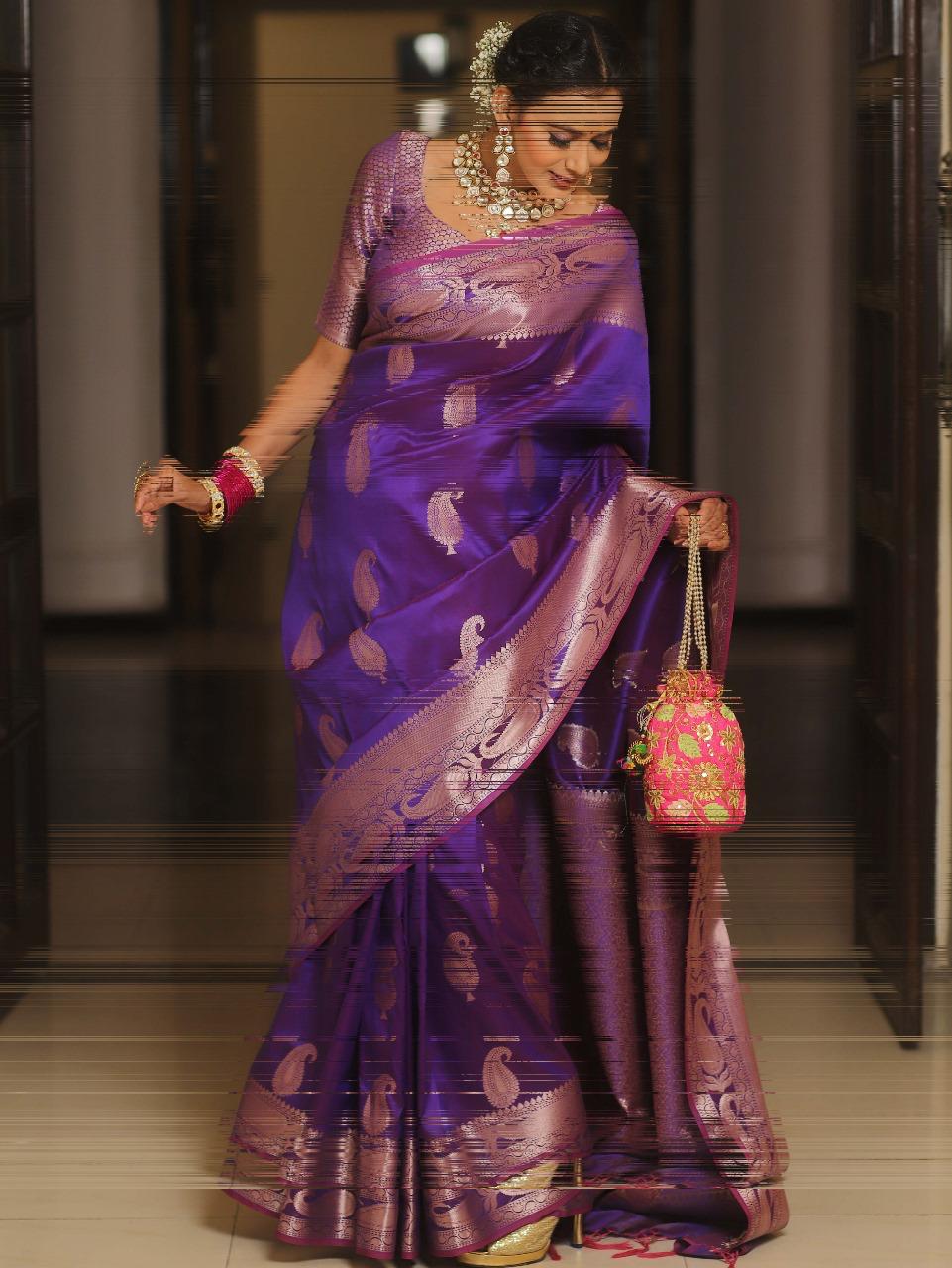 Vimla - Purple Banarasi Silk Saree with Golden Paisley Weaving