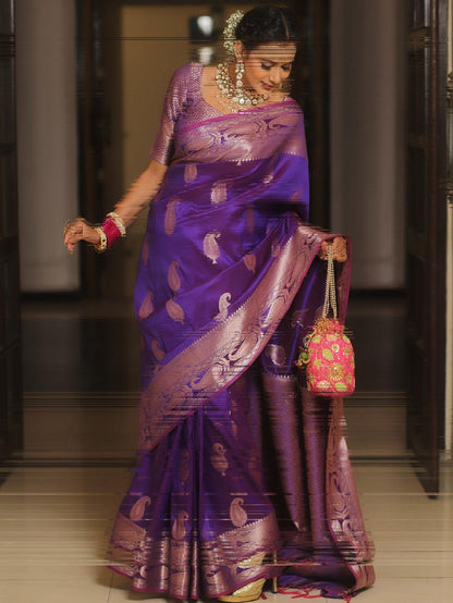 Vimla - Purple Banarasi Silk Saree with Golden Paisley Weaving