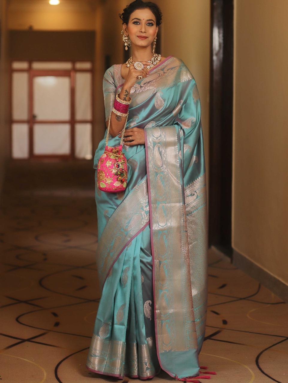 Vimla - Sky Blue Banarasi Silk Saree with Golden Paisley Weaving