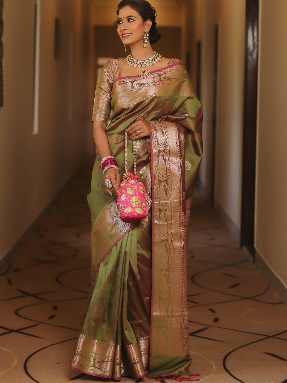 Vimla - Green Banarasi Silk Saree with Golden Paisley Weaving