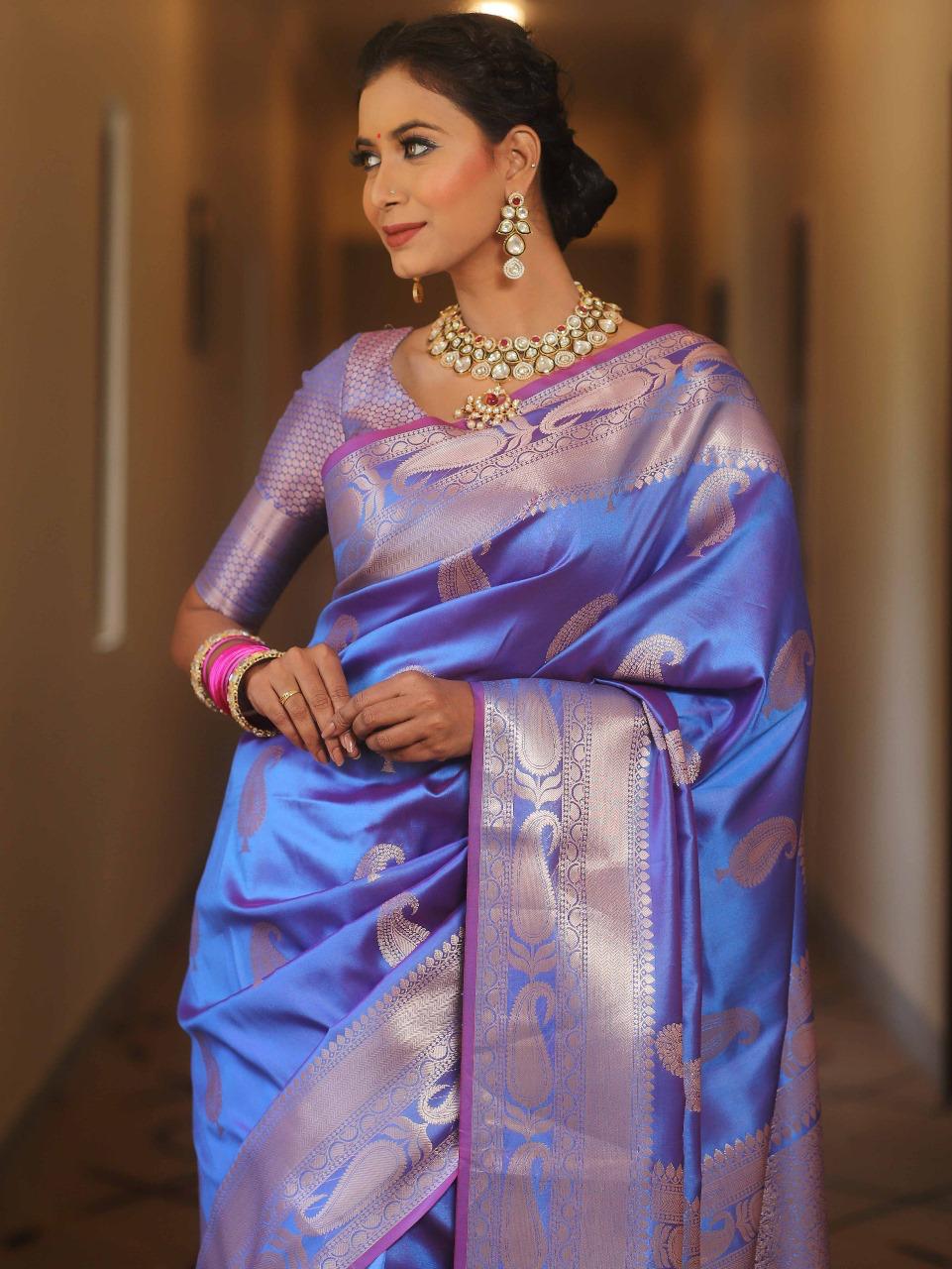 Vimla - Blue Banarasi Silk Saree with Golden Paisley Weaving