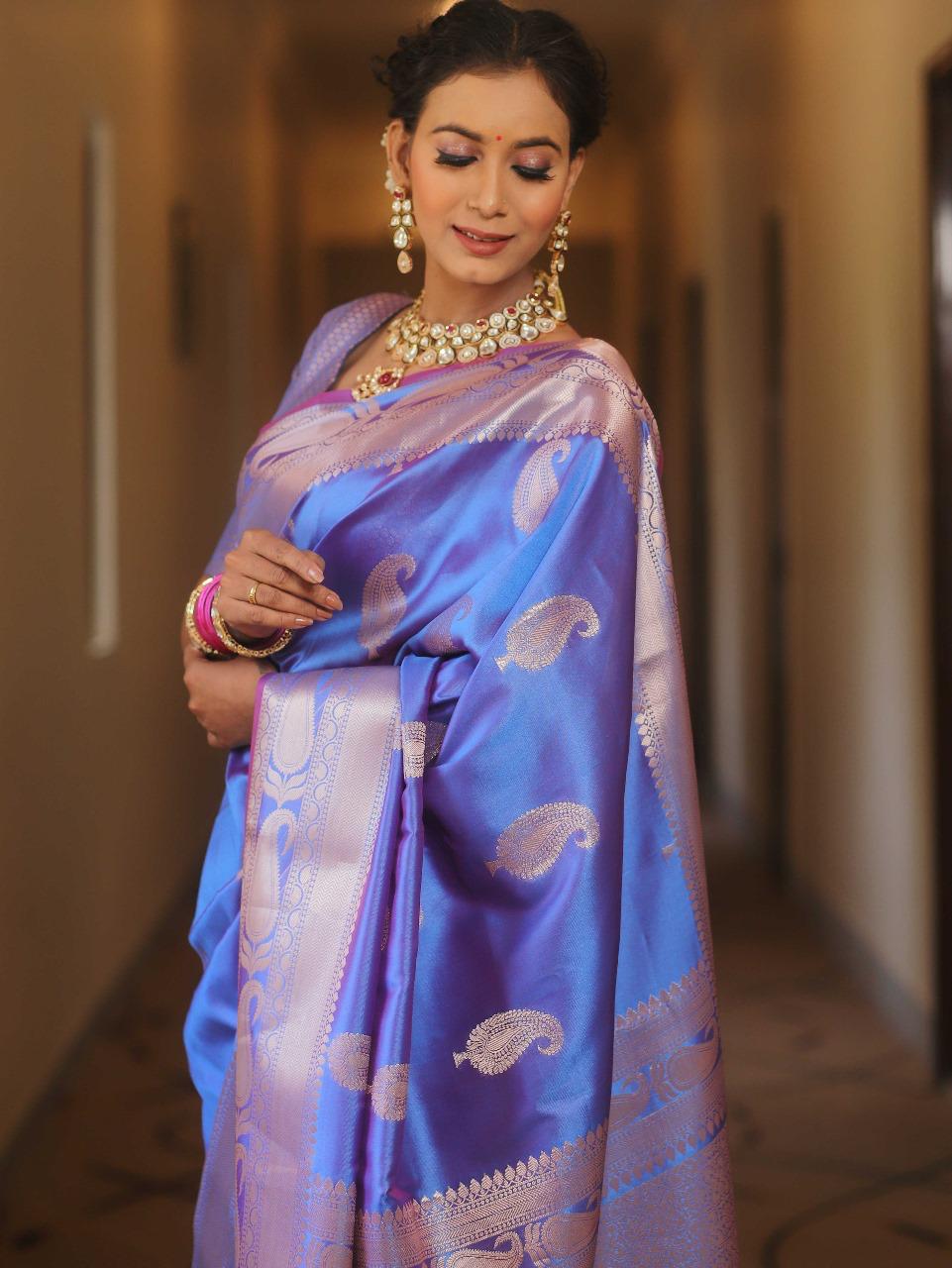 Vimla - Blue Banarasi Silk Saree with Golden Paisley Weaving