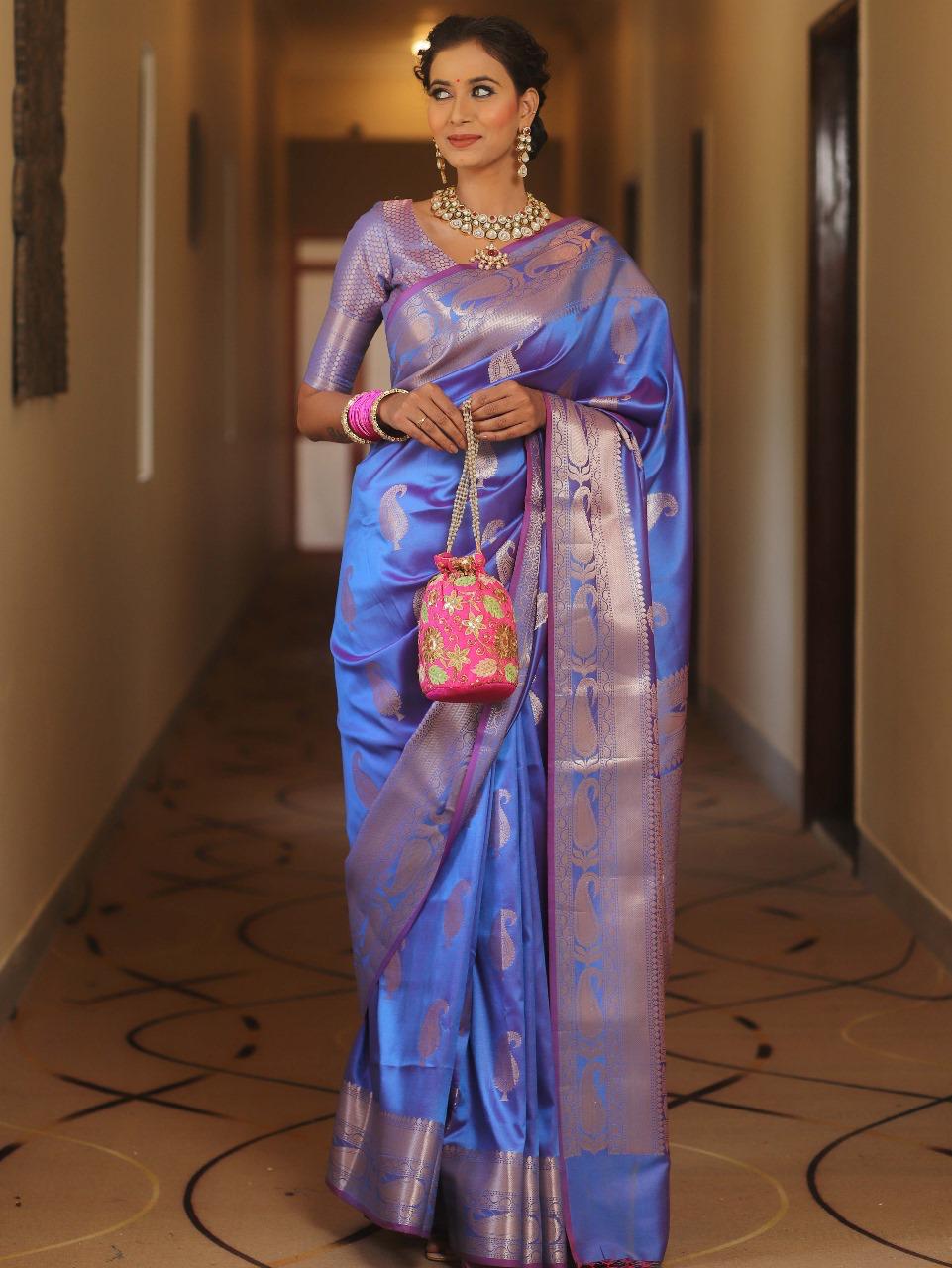 Vimla - Blue Banarasi Silk Saree with Golden Paisley Weaving