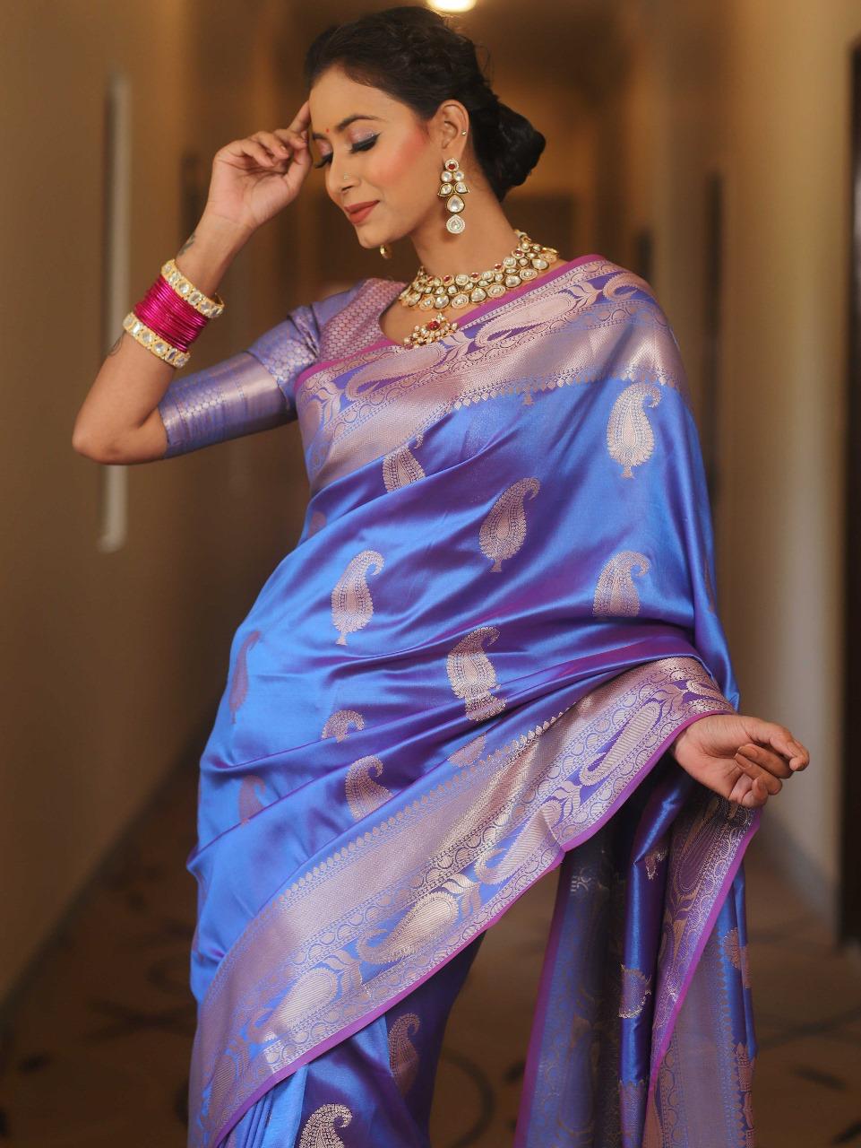Vimla - Blue Banarasi Silk Saree with Golden Paisley Weaving