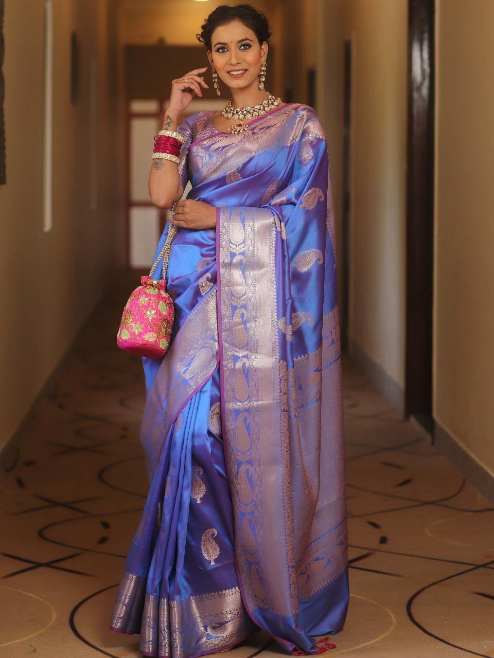 Vimla - Blue Banarasi Silk Saree with Golden Paisley Weaving
