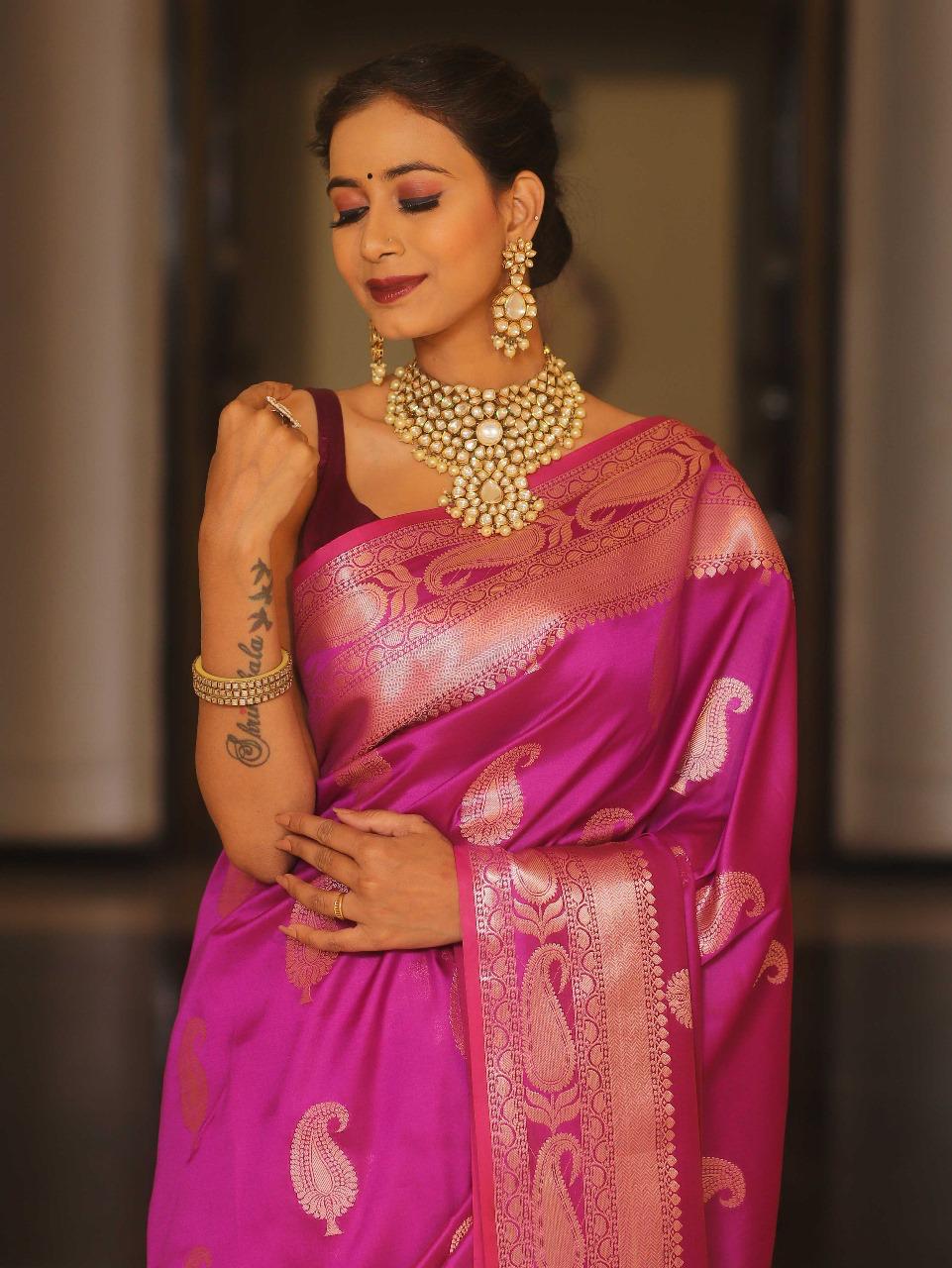 Vimla - Rani Pink Banarasi Silk Saree with Golden Paisley Weaving