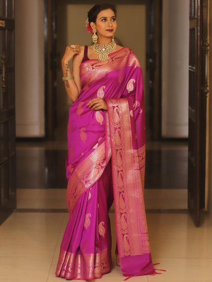 Vimla - Rani Pink Banarasi Silk Saree with Golden Paisley Weaving