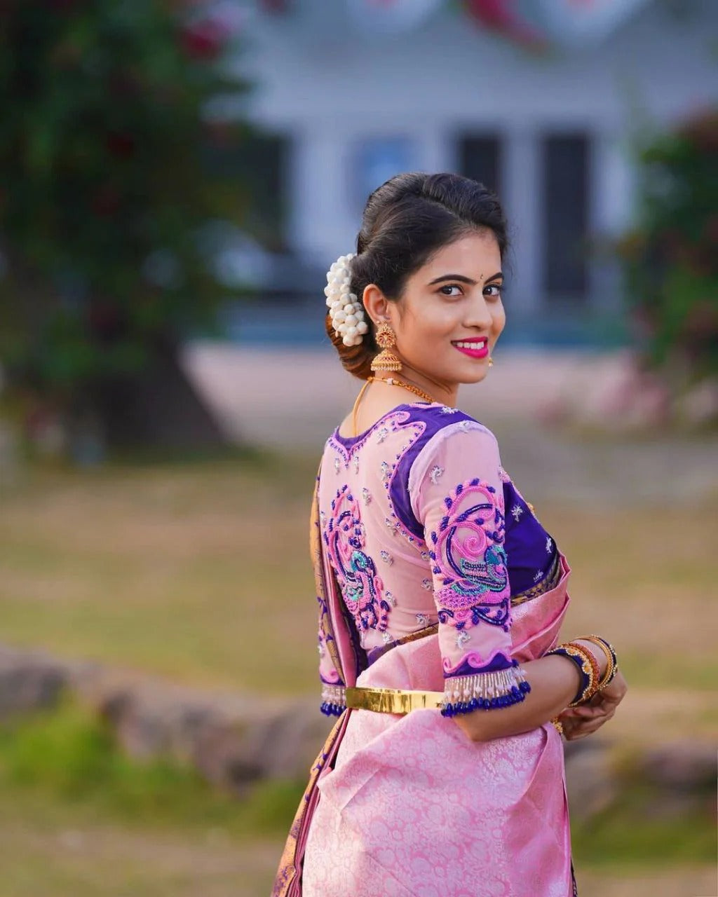 Bhagyashri – Pink Soft Banarasi Silk Saree with Jacquard Work and Contrast Embroidered Blouse
