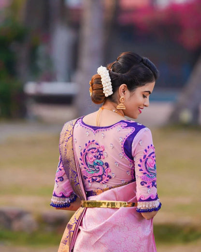 Bhagyashri – Pink Soft Banarasi Silk Saree with Jacquard Work and Contrast Embroidered Blouse