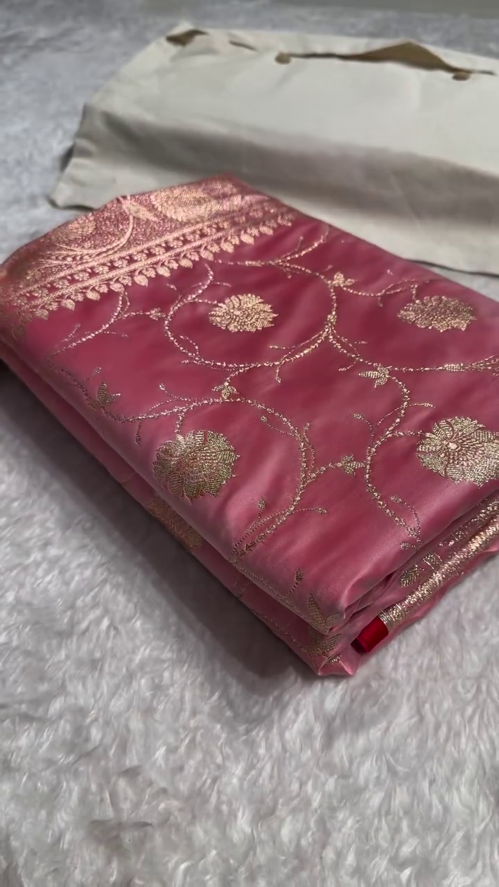 Rose Pink Banarasi Silk Saree with Gold Zari Floral Jaal & Heavy Traditional Border