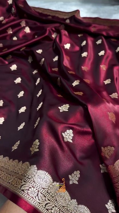 Wine Maroon Banarasi Silk Saree with Gold Zari Buti Motifs & Classic Woven Border