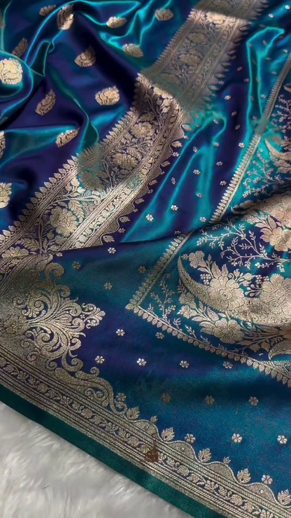 Blue Satin Silk Saree with Rich Golden Zari Border and Floral Motifs