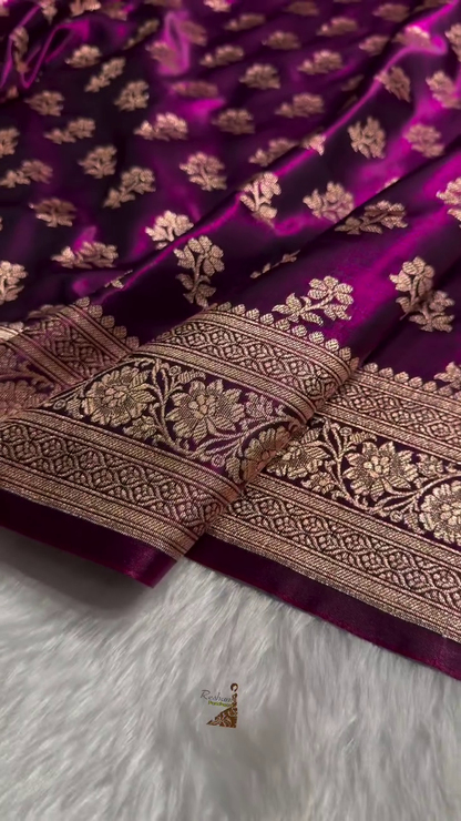 Dark Wine Satin Silk Saree with Intricate Golden Zari Floral Weaving and Rich Border