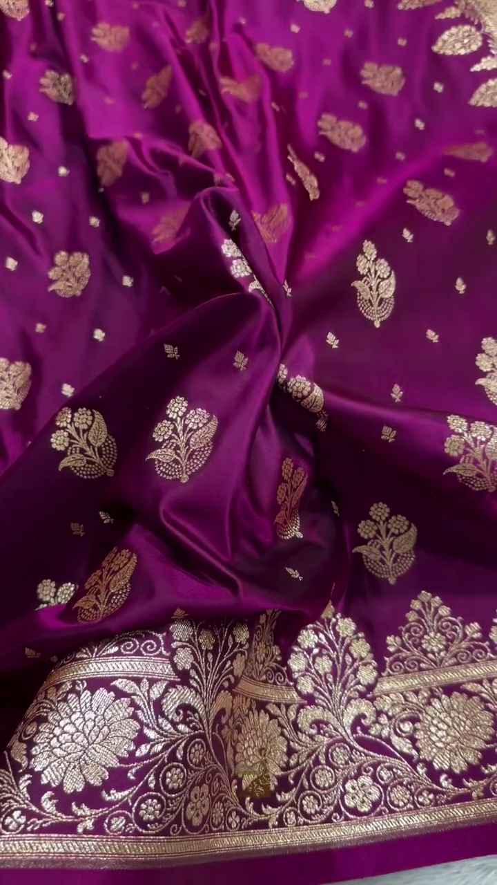Royal Wine Purple Banarasi Silk Saree with Gold Zari Floral Buti & Heavy Designer Border