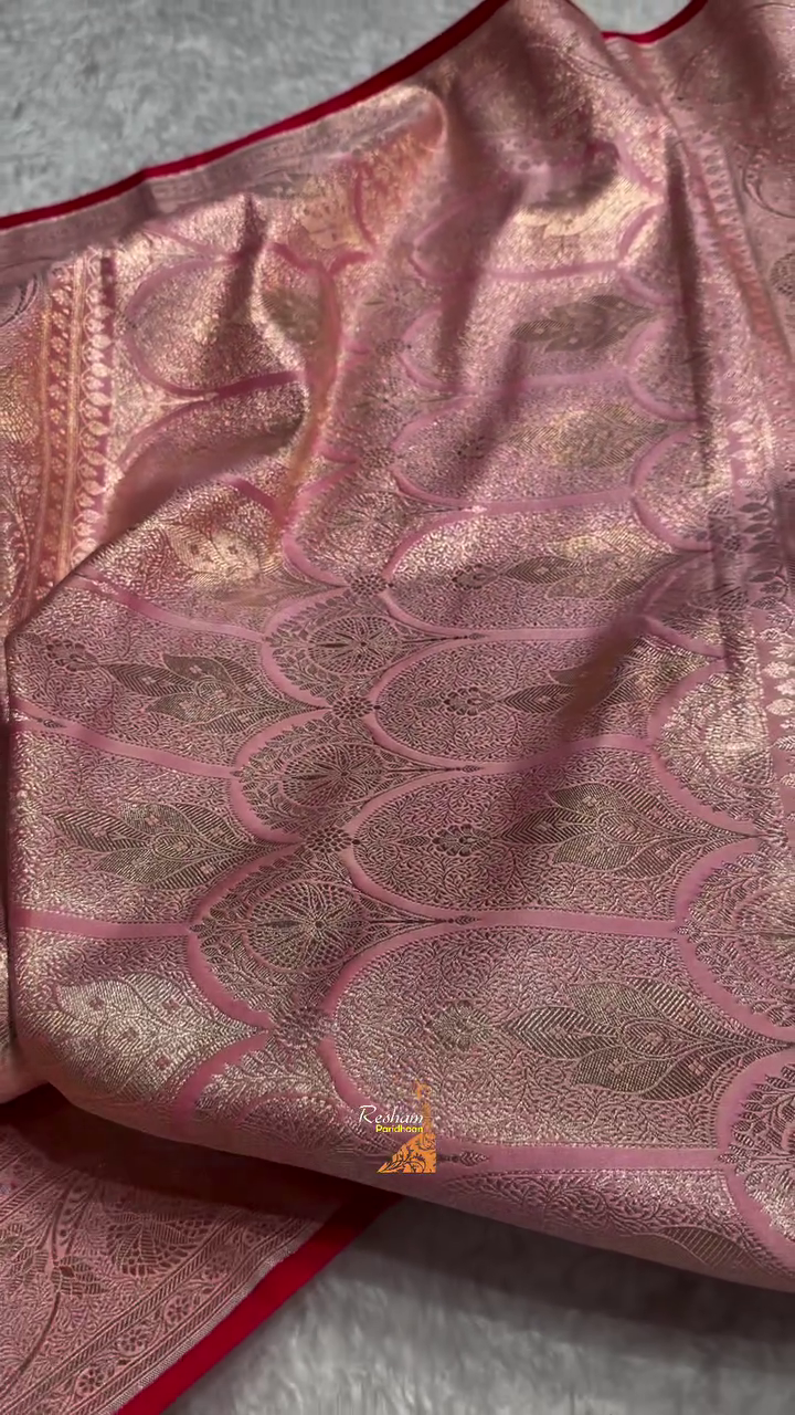 Rose Pink Banarasi Silk Saree with Gold Zari Floral Jaal & Heavy Traditional Border