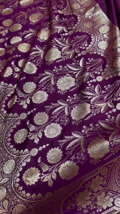 Royal Wine Purple Banarasi Silk Saree with Gold Zari Floral Buti & Heavy Designer Border