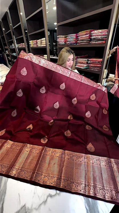 Aastha - Wine Soft Silk Saree with Jacquard Woven Motifs