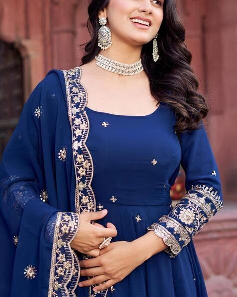 Elegant Georgette Anarkali Suit Set with Heavy Gota Lace Border & Dupatta – 4 Colors