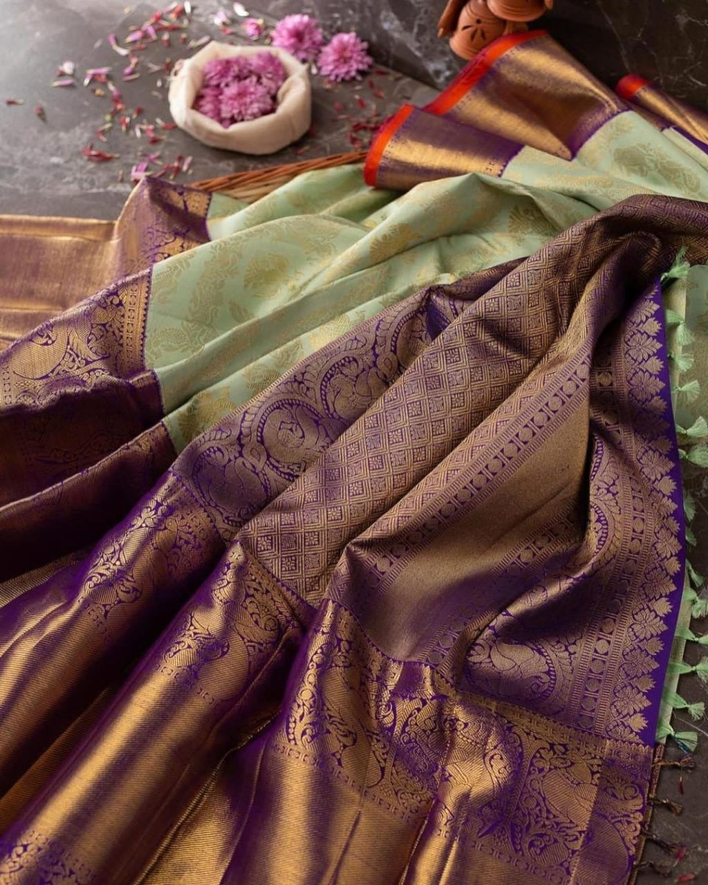 Aadita - Sea Green Soft Banarasi Silk Saree with Jacquard Woven Work & Purple Blouse
