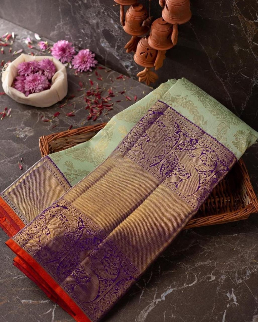 Aadita - Sea Green Soft Banarasi Silk Saree with Jacquard Woven Work & Purple Blouse