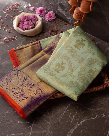 Aadita - Sea Green Soft Banarasi Silk Saree with Jacquard Woven Work & Purple Blouse