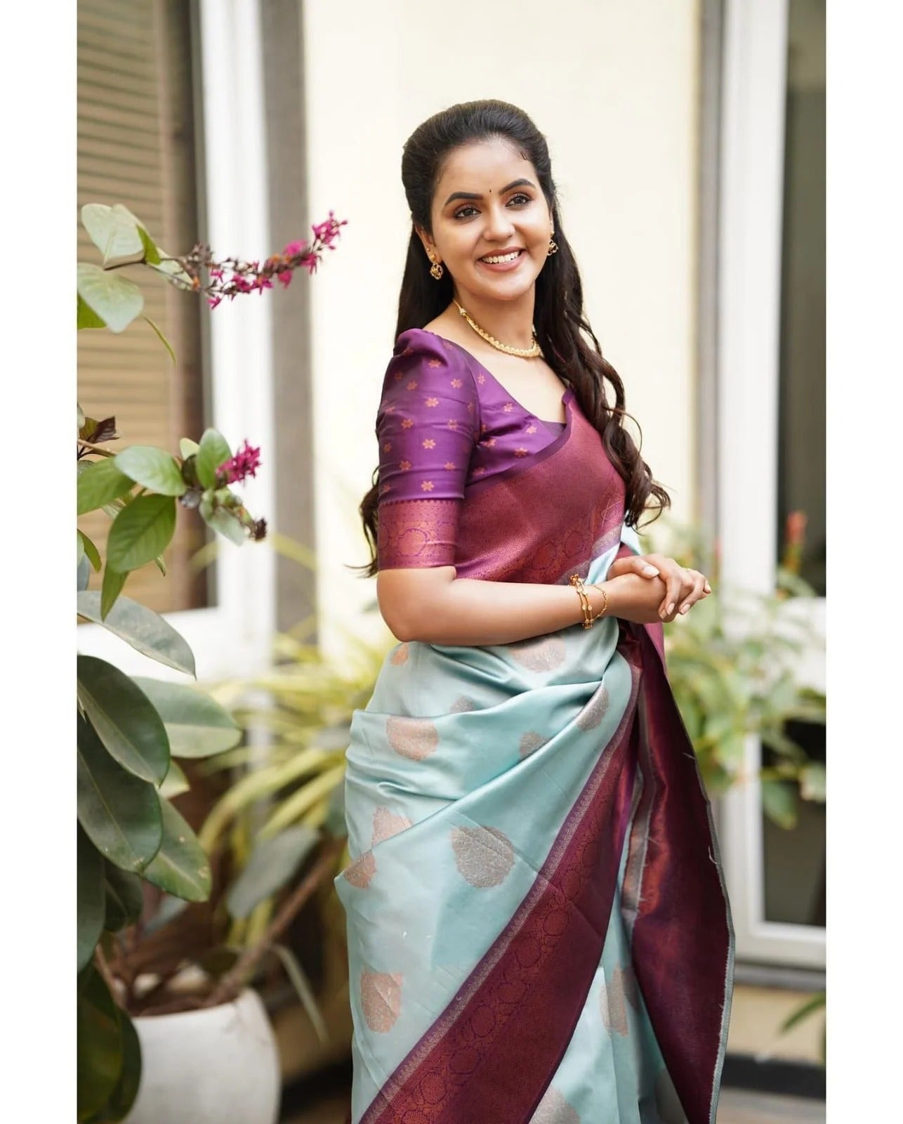 Kavya - Sky Soft Banarasi Silk Saree with Copper Jacquard Buttas