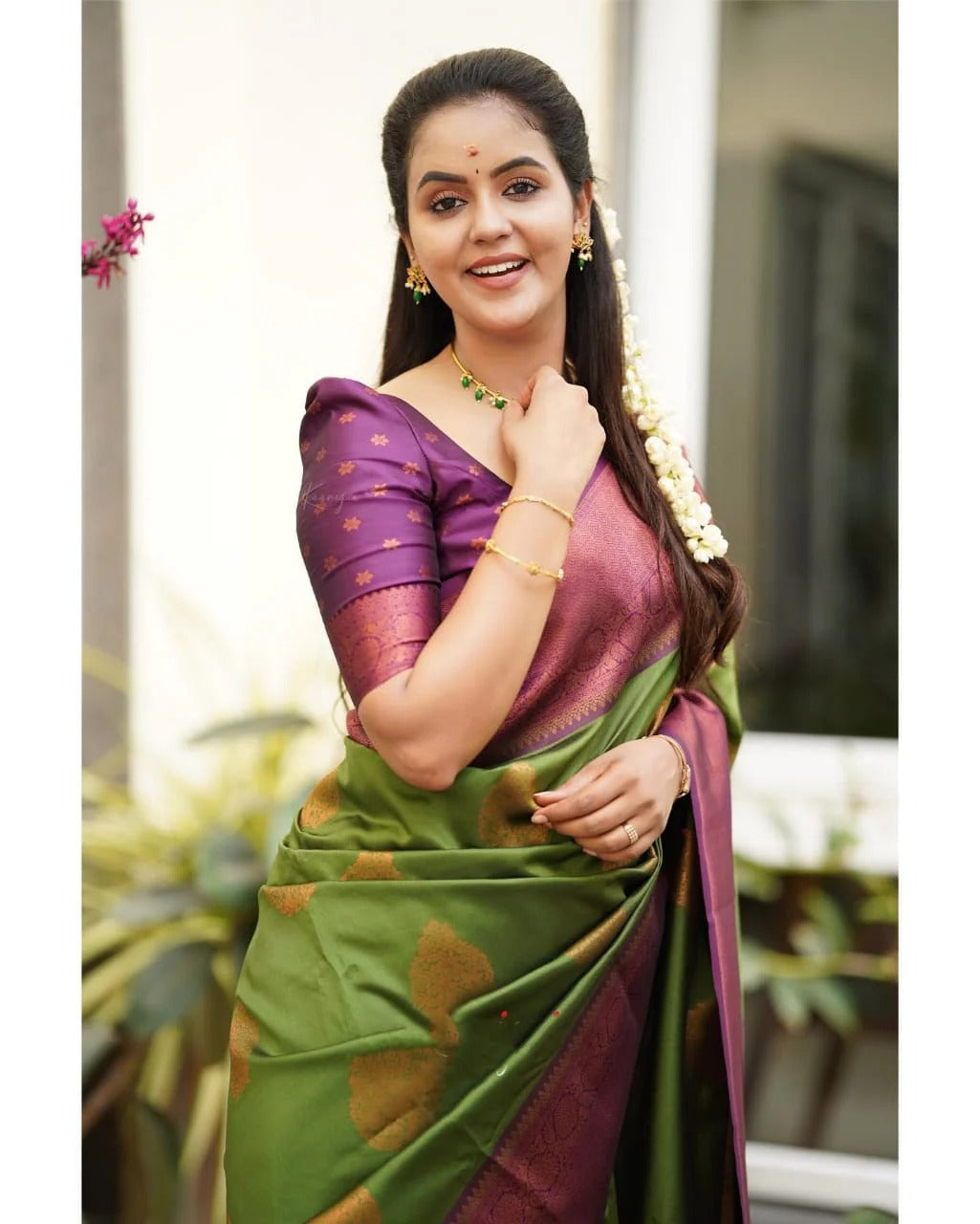 Kavya - Green Soft Banarasi Silk Saree with Copper Jacquard Buttas