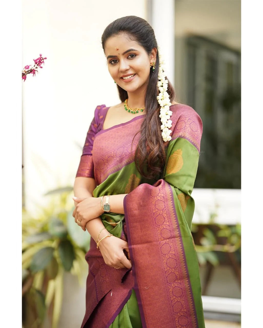 Kavya - Green Soft Banarasi Silk Saree with Copper Jacquard Buttas