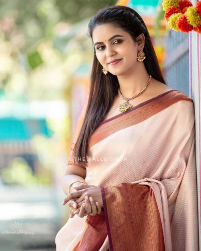 Valmika Beige Blossom Kanjivaram Silk Drape with Unique Blouse Piece