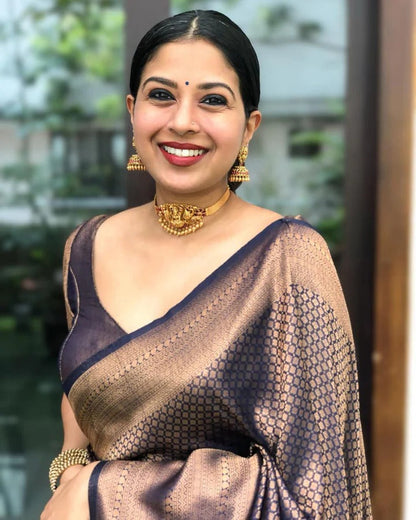 Valmika Navy Blue Soft Kanjivaram Silk Drape with Unique Blouse Piece