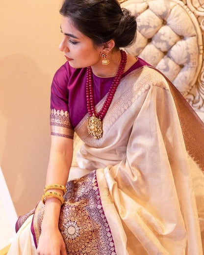 Bhagyam – Beige Soft Banarasi Silk Saree with Wine Jacquard Pallu