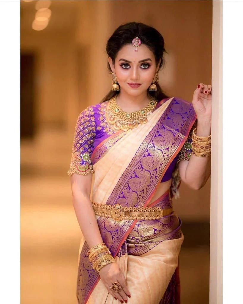Runika - Peach Soft Silk Saree with Jacquard Purple Blouse
