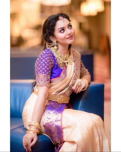 Runika - Peach Soft Silk Saree with Jacquard Purple Blouse