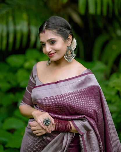 Vinika Brown Soft Kanjivaram Silk Drape with Unique Blouse Piece-Valmika