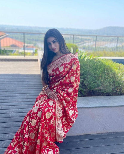 Shantibai – Red Soft Banarasi Silk Saree with Jacquard Weaving