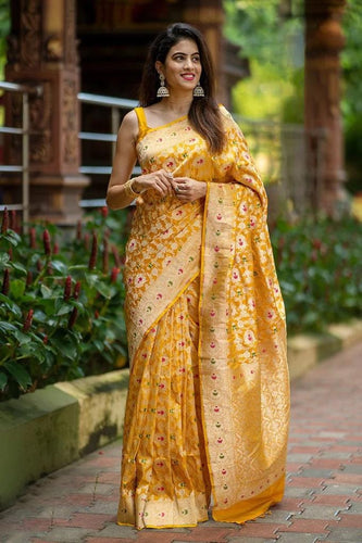 Prachi - Yellow Soft Silk Saree with Jacquard Weaving